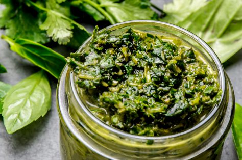 Chimichurri sauce argentine green parsley basil sauce chimichurri barbecue asado glass jar