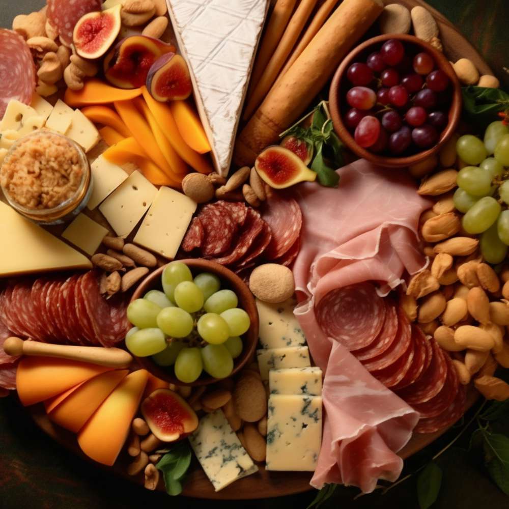 Top view gourmet charcuterie cheese board ai generated